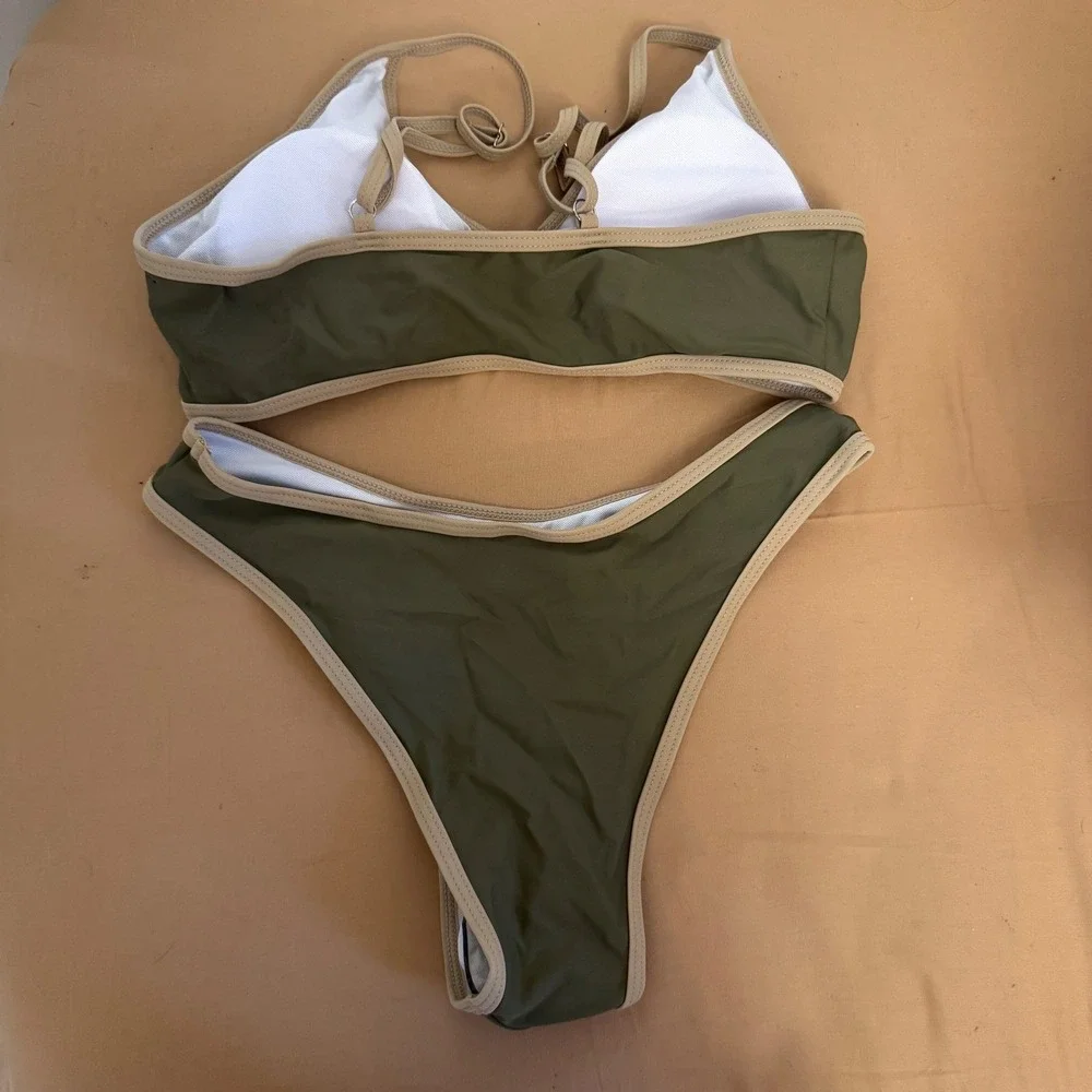 NWT Shein Olive Green Two Piece Bikini Swimsuit Ring Detail Size Small‎